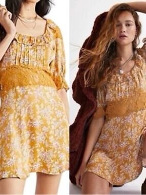 Free People Mustard Floral Lace-Trim Mini Dress